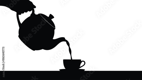Silhouette of a teapot pouring tea into a cup on a table