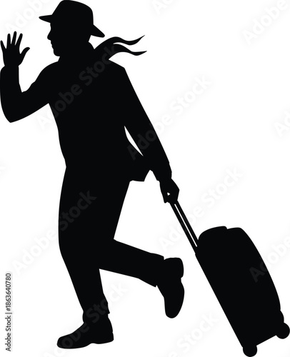 Silhouette of traveler running with suitcase, wearing hat and scarf, travel urgency, airport rush, tourism concept, journey departure, business trip, vacation transit, motion graphic