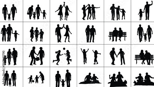 Family silhouette collection showing parents children couples activities walking playing sitting bonding lifestyle moments vector illustration isolated black set