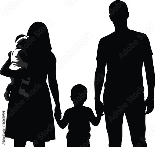 Family silhouette illustration showing parents holding children hands mother carrying baby father standing together isolated vector design modern black lifestyle