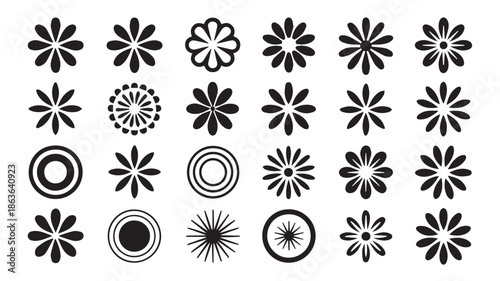 A collection of black and white floral illustrations on a white background