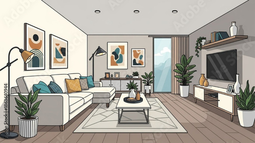 Living Room Vector Flat Style Modern Furniture Interior Illustration