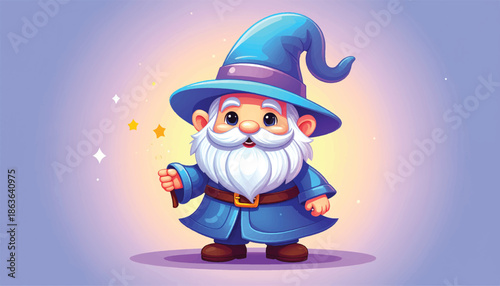 Cartoon Wizard Gnome with Magic Wand and Blue Hat.