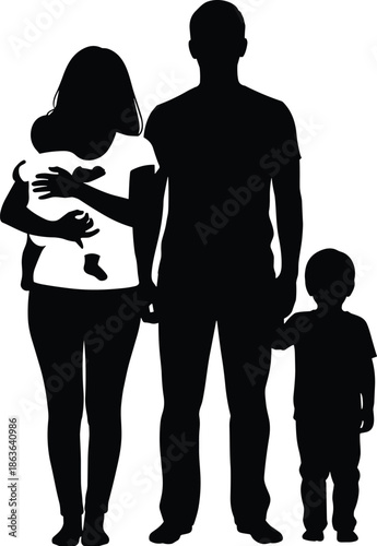 Family silhouette vector illustration showing parents with children mother holding baby father standing together isolated black design modern lifestyle concept