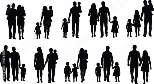 Family silhouettes collection showing parents children couples walking together holding hands bonding love care lifestyle vector illustration isolated black