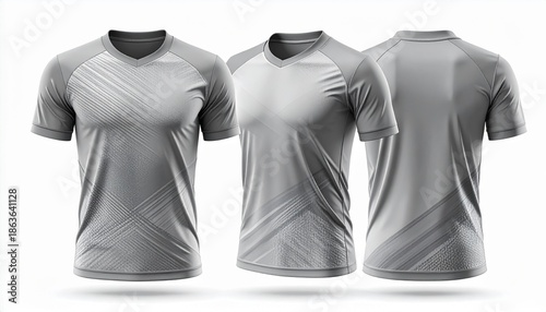 Grey athletic shirts with textured design on white background