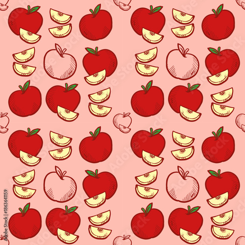Hand drawn red apple seamless vector pattern featuring whole fruit, halves, and wedges on a soft red background. Suitable for food packaging, textile prints, and fruity themed designs
