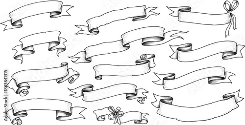 Hand drawn vintage ribbon banners collection, sketch style scroll labels set, decorative design elements, retro engraving illustration