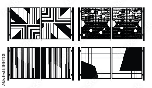 Collection of geometric and abstract decorative gates, Metal fence patterns, and modern entrance.