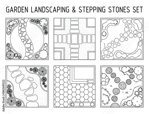 Collection of garden landscaping layouts featuring stepping stones. Variety of garden design set vector.