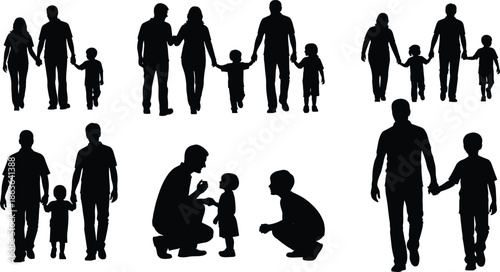 Family silhouettes set showing parents and children walking holding hands caring bonding everyday lifestyle moments vector illustration isolated black design