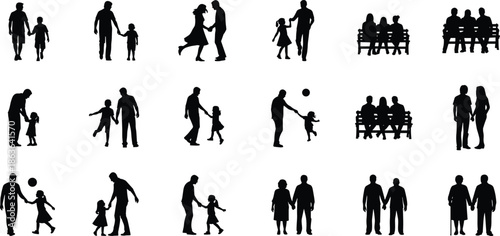 Family silhouettes set showing parents children couples walking playing sitting bonding everyday lifestyle activities vector illustration isolated black design collection