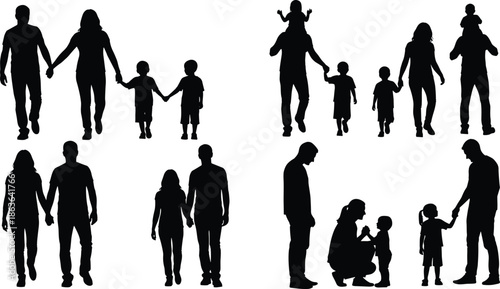 Family silhouettes set showing parents children walking holding hands bonding love care everyday 
