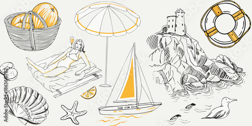Summer vacation doodles a beach scene with sunbathers boats and seaside elements