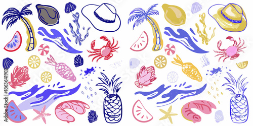 A vibrant collection of summer themed illustrations fruits sea creatures and plants