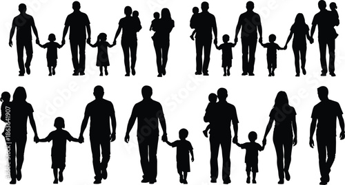 Family silhouettes set showing parents children walking holding hands together love care bonding lifestyle vector illustration isolated black design modern