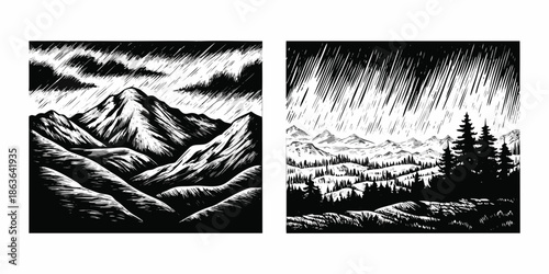 Dramatic mountain landscapes rendered in a striking black and white woodcut style