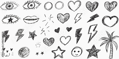 Hand drawn doodles featuring eyes lips hearts stars and tropical elements