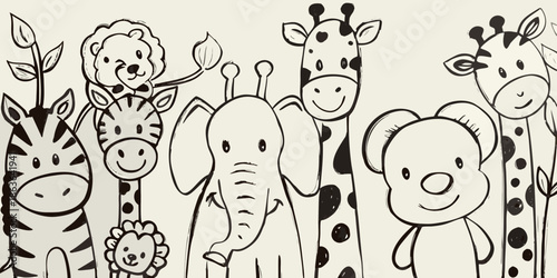 Charming illustration of adorable baby animals in a whimsical black and white design