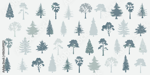 A collection of stylized tree silhouettes in varying shades of blue and gray