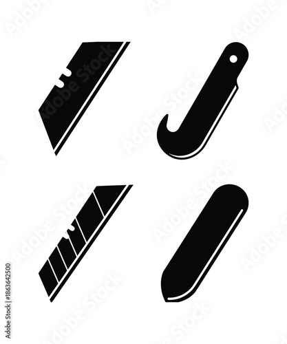 Collection of utility knife blades. Black and white vector design for construction, crafting and cutting projects.