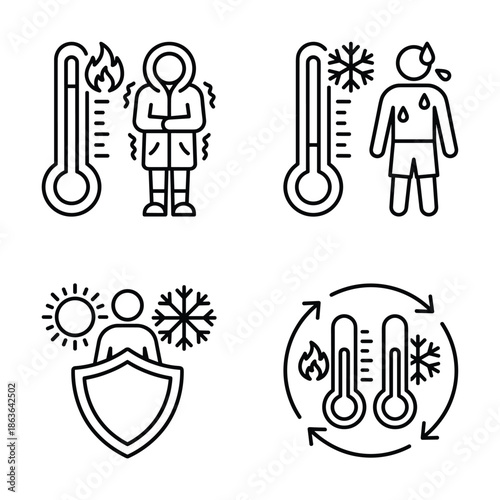 Collection of temperature symbols, showing hot and cold conditions. Icons for weather or health related designs.