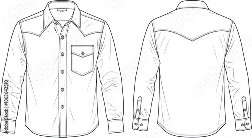Men western style long sleeve shirt front and back technical line art vector illustration for fashion apparel design template