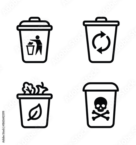 Collection of vector icons representing recycling bins, symbolizing organic, recycle, and hazardous waste disposal.