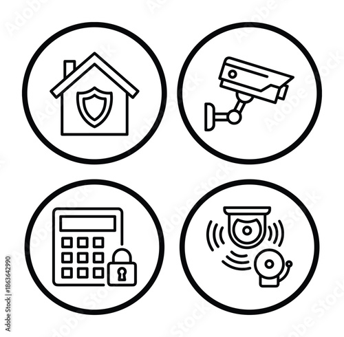Comprehensive set security icons: home, camera, alarm and control panel for complete protection and safety system.