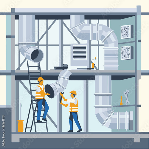 Two workers installing air duct system.