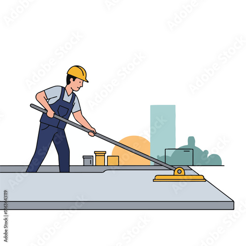 Man wearing overalls cleaning floor.