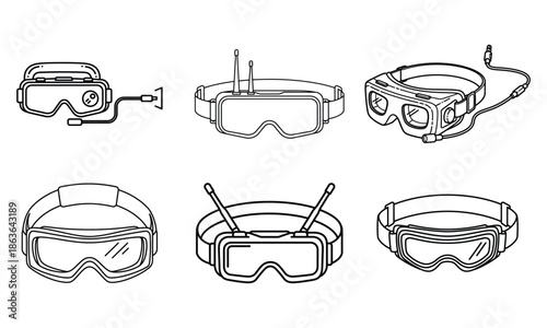 Set of six drone goggles icons featuring different designs for fpv and surveillance applications
