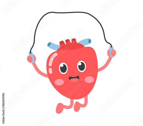 Cute heart character skipping rope. Cardio exercise, healthy heart, fitness and active lifestyle concept. Modern cartoon flat vector illustration