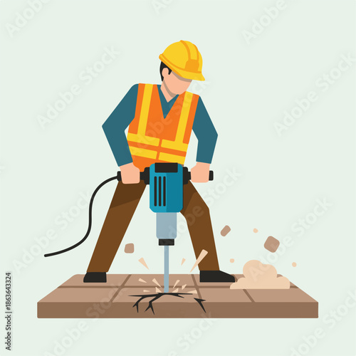 Man wearing hard hat using jackhammer.