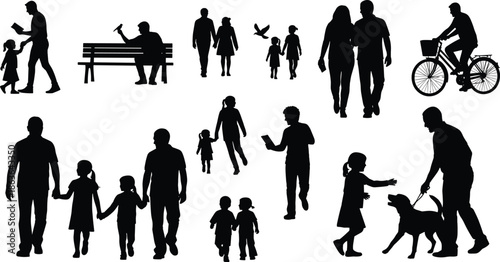 Urban life silhouettes set showing families couples children pedestrians activities walking cycling reading leisure daily lifestyle illustration scenes vector collection