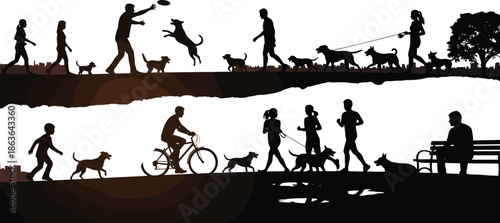Urban park life silhouettes showing people walking dogs cycling jogging playing relaxing outdoor leisure activities vector illustration skyline city lifestyle