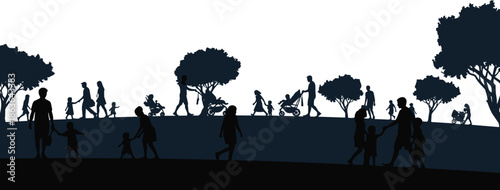 Urban park silhouettes showing families parents children walking playing relaxing among trees outdoor lifestyle community scene vector illustration design set