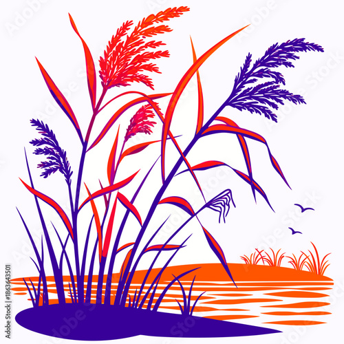 Vibrant stylized illustration featuring tall reeds with striking red and purple plumes growing near a tranquil orange water reflection under a bright white background