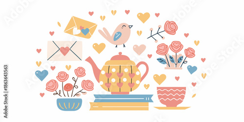 A charming valentine s day illustration with hearts birds and tea set