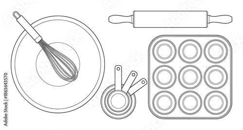 Detailed baking utensils line art illustration featuring a whisk, bowl, rolling pin, measuring cups, and muffin tin.