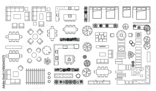 Detailed architectural floor plan symbols including furniture, trees, and garden elements. Black and white blueprint design.