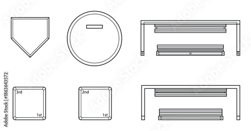Detailed baseball field illustration featuring home plate, pitcher's mound, benches, and base paths diagram.