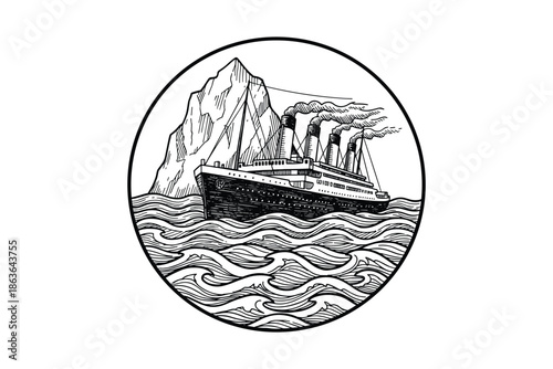 Detailed black and white line art of the Titanic ship encountering an iceberg, encompassed in a circle on ocean.