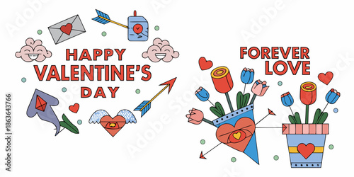 Valentine s day illustration with hearts flowers arrows and romantic messages