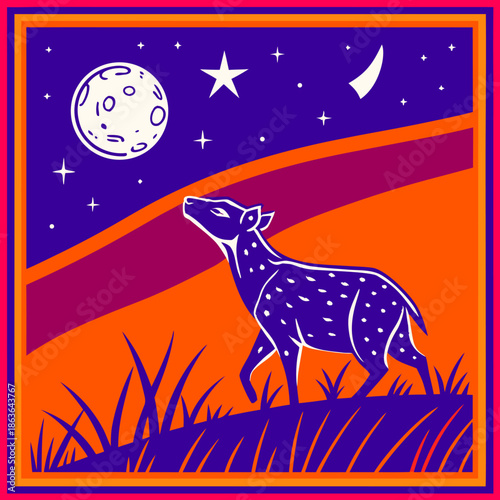 Stylized illustration of a spotted deer or agouti creature gazing upwards at a bright full moon and stars during a vivid twilight night scene