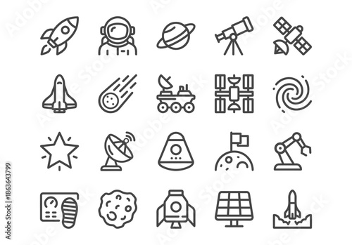 Space exploration line icons set. Vector collection of cosmos symbols including rocket, astronaut, planet, rover, satellite, and telescope isolated on white background.
