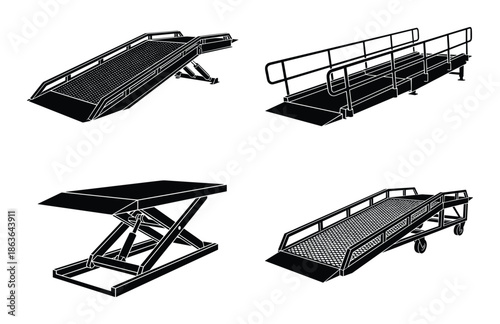 Detailed black and white illustration featuring several types of vehicle ramps and a hydraulic lift mechanism.