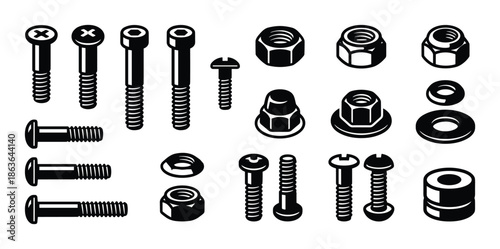 Detailed fasteners vector illustration. Various bolts, nuts, screws, and washers are included in this drawing.