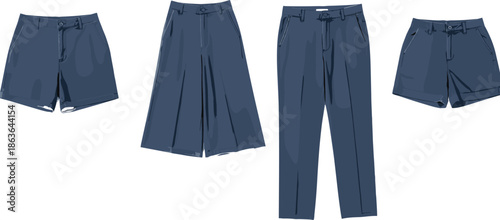 Women navy tailored pants and shorts fashion collection flat vector illustration isolated on white background apparel design templates set modern