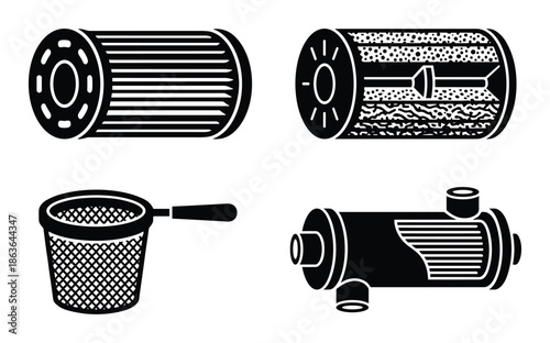 Detailed illustration of water filters, including filter cartridges and a mesh skimmer, equipment collection.